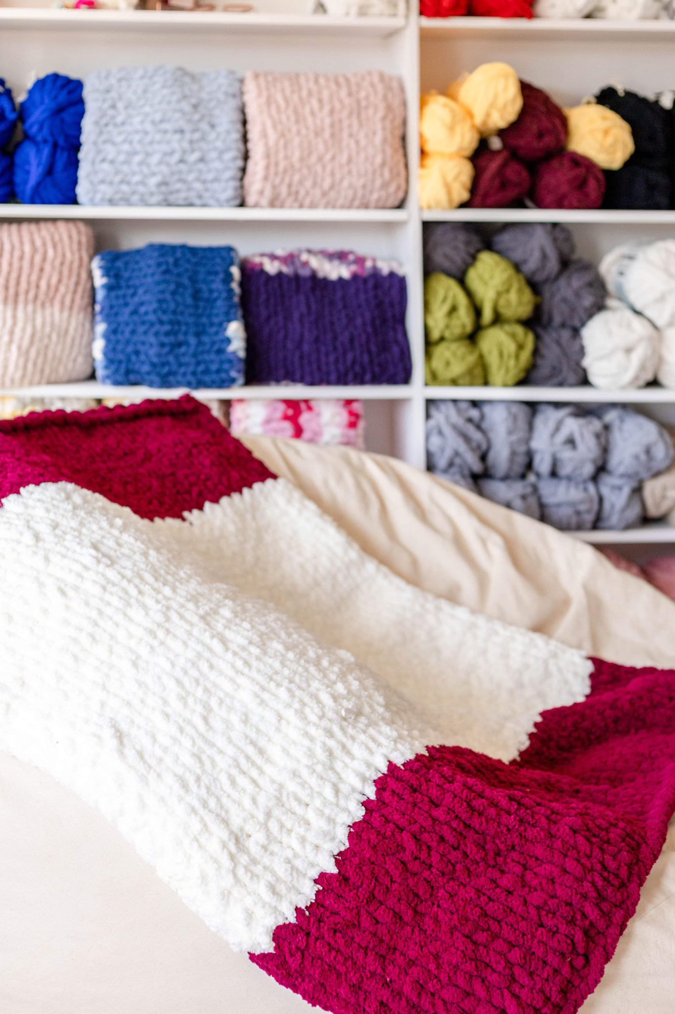 Burgundy and white throw